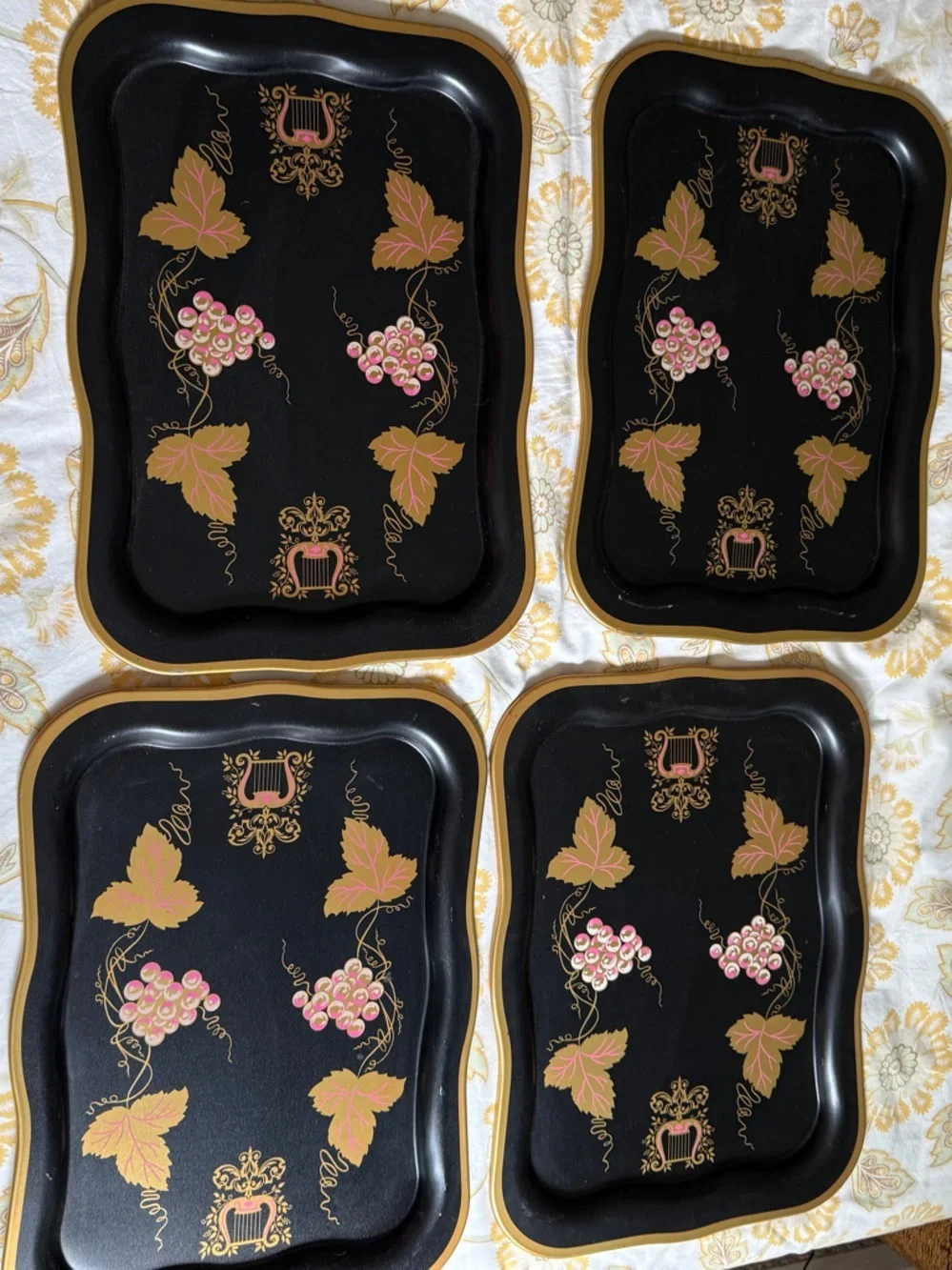 Vintage Trays set of 4 Large Black Floral Tole Metal Hand Painted Toleware Trays